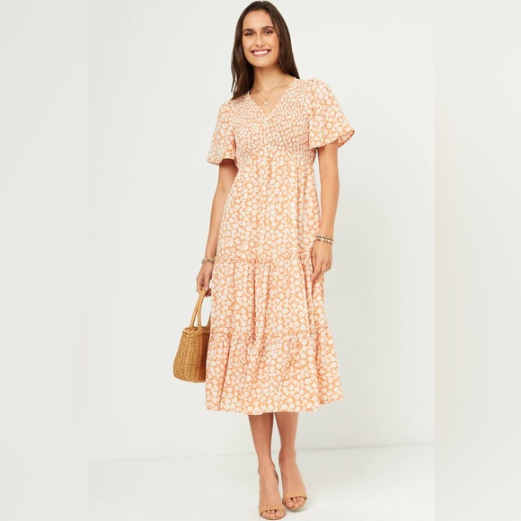 NWOT Peach Floral Tiered Midi Dress - M - Picture 1 of 12